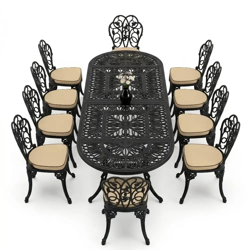 Cm 10 Person Wrought Iron Aluminum Cast Iron Table Chair Set Akbrella World AKB-1032