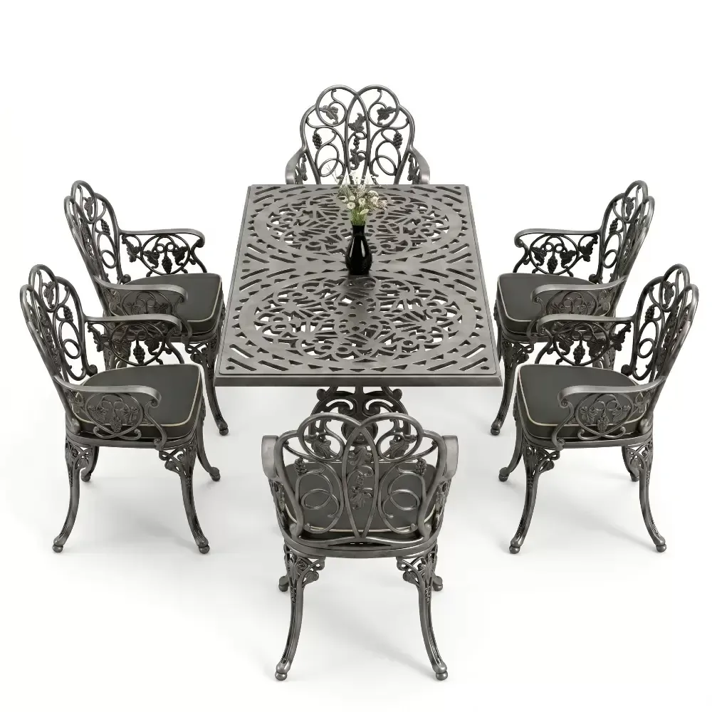 Cm 6 Person Wrought Iron Aluminum Cast Iron Table Chair Set Akbrella World AKB-1016