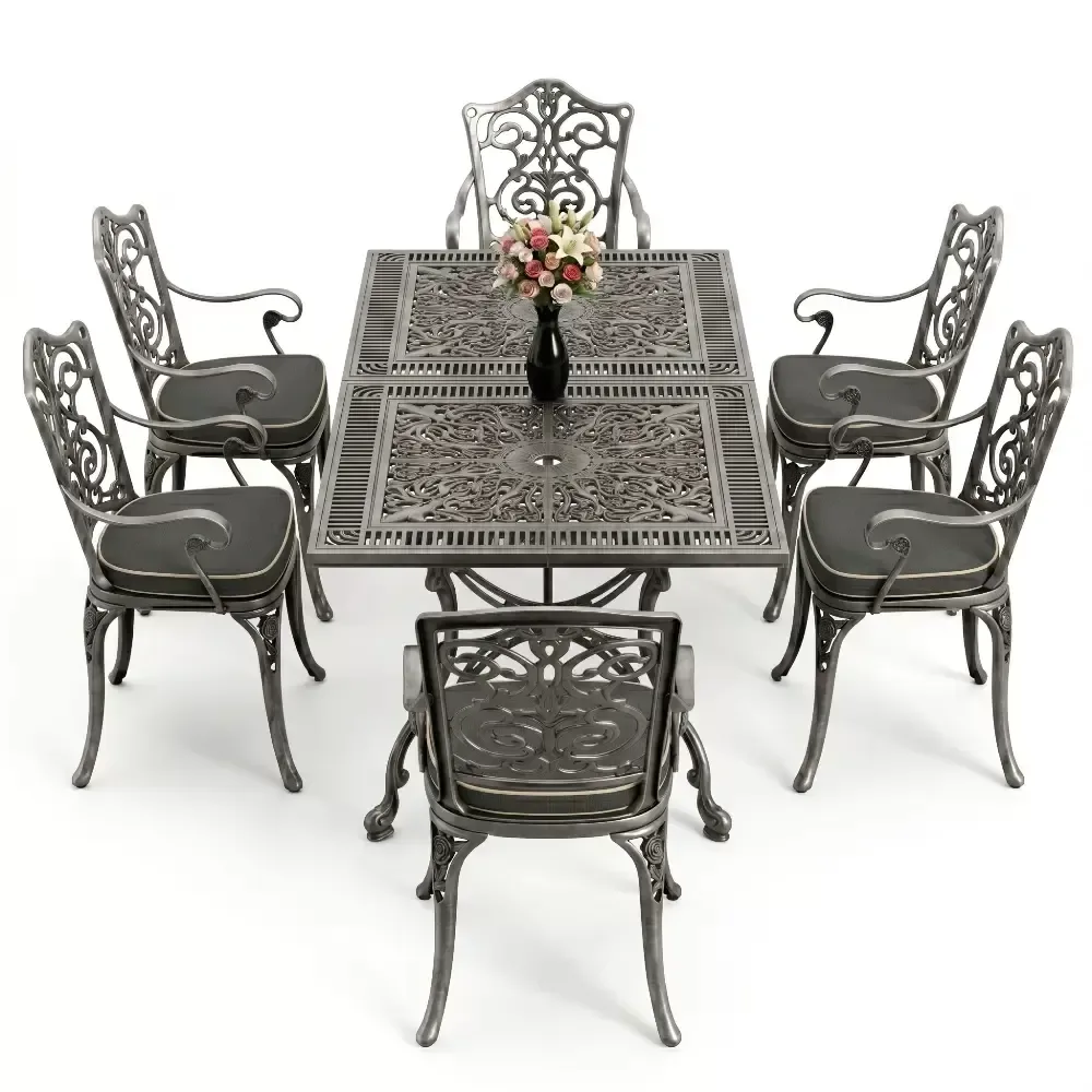 Cm 6 Person Wrought Iron Aluminum Cast Iron Table Chair Set Akbrella World AKB-1018