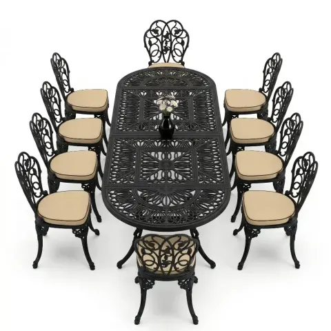 Cm 10 Person Wrought Iron Aluminum Cast Iron Table Chair Set Akbrella World AKB-1032