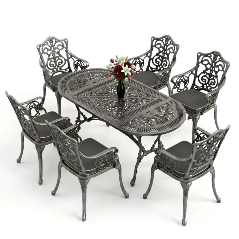 Cm 6 Person Wrought Iron Aluminum Cast Iron Table Chair Set Akbrella World AKB-969