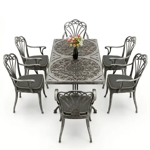 Cm 6 Person Wrought Iron Aluminum Cast Iron Table Chair Set Akbrella World AKB-972
