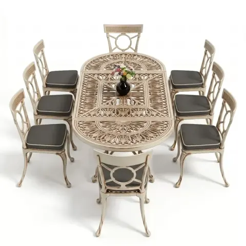 Cm 6 Person Wrought Iron Aluminum Cast Iron Table Chair Set Akbrella World AKB-1019