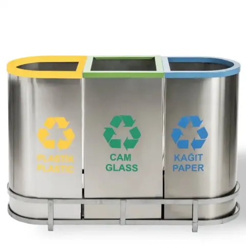 Stainless Steel 3 Piece Recycling Bin Setpaper 39x112x63 Akbrella World AKB-634