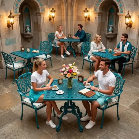 2 Seater Aluminum Die Casting Table Chair Set Akbrella World AKB-826 – Square wrought iron turquoise with butterfly motif