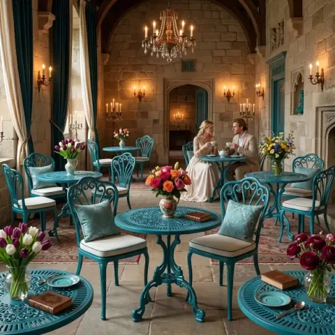 2 Seater Aluminum Die Casting Table Chair Set Akbrella World AKB-812 – Round wrought iron set on turquoise field