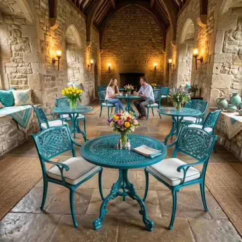 2 Seater Aluminum Die Casting Table Chair Set Akbrella World AKB-816 – Wrought iron set turquoise with sun motif
