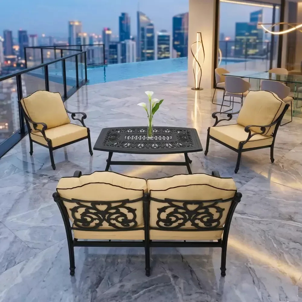 Personality Aluminum Cast Iron Cushioned Seating Set 4 Akbrella World AKB-736