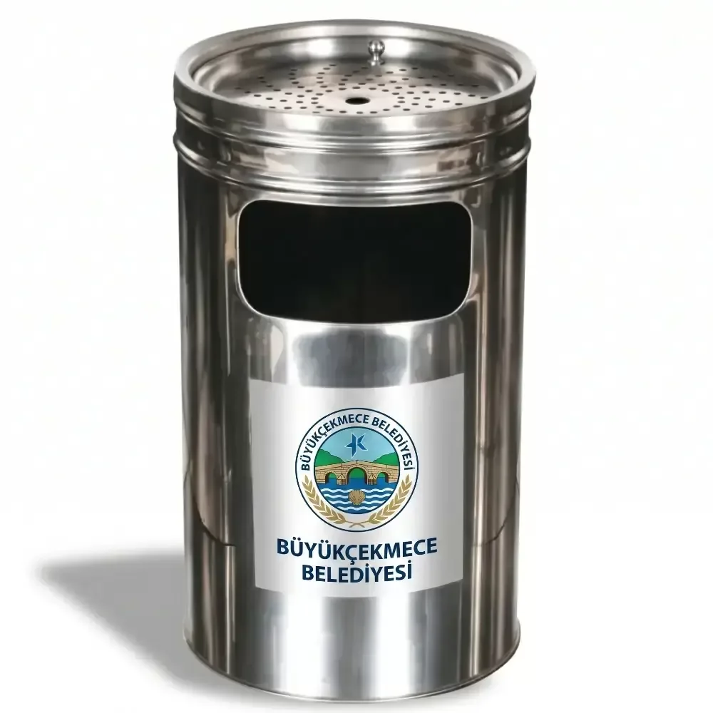 Metal Cylinder Trash Can with Chrome Cigarette Chamber 50x28 cm Akbrella World AKB-389