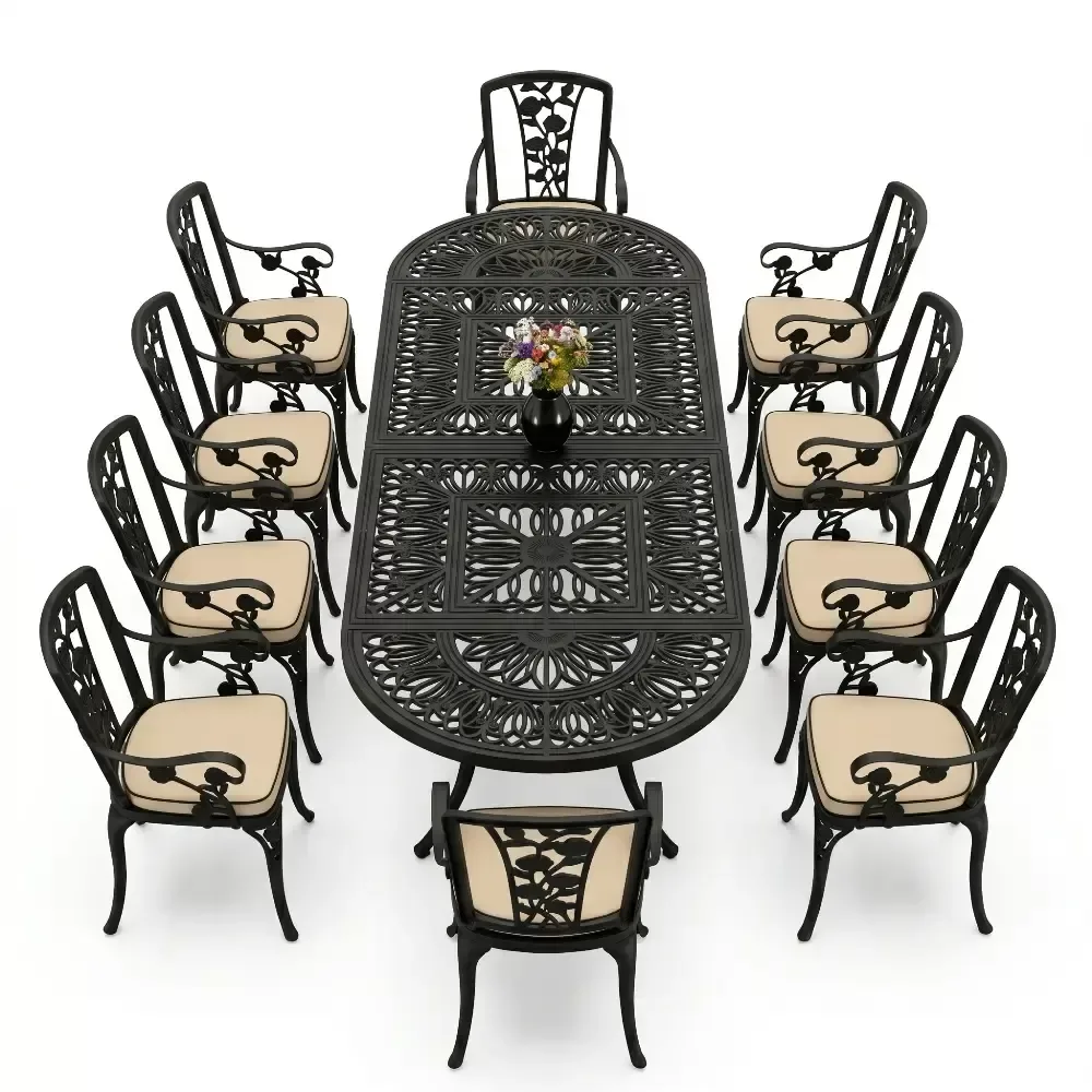 Cm 10 Person Wrought Iron Aluminum Cast Iron Table Chair Set Akbrella World AKB-1030