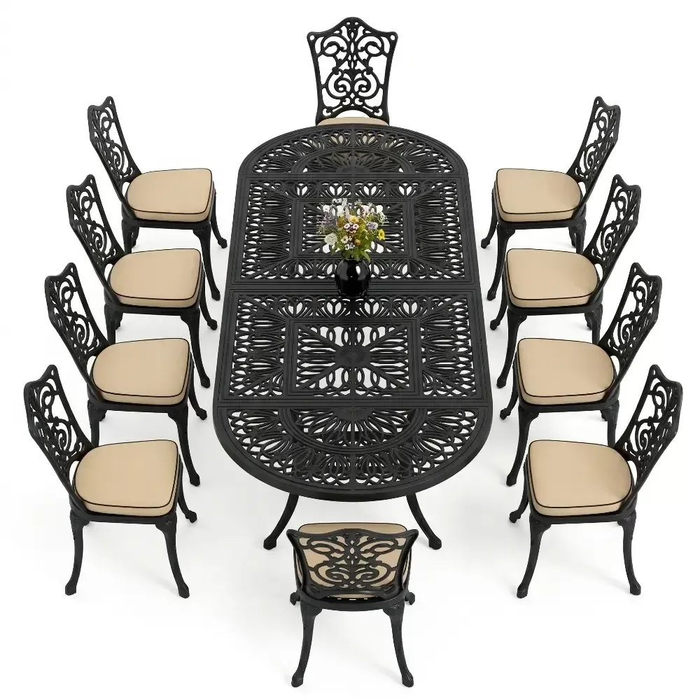 Cm 10 Person Wrought Iron Aluminum Cast Iron Table Chair Set Akbrella World AKB-1031