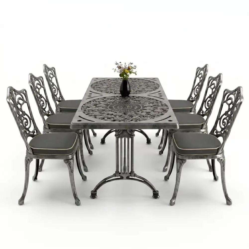 Cm 6 Person Wrought Iron Aluminum Cast Iron Table Chair Set Akbrella World AKB-1013