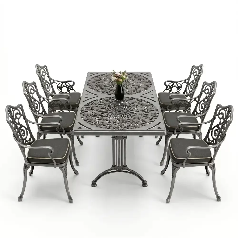 Cm 6 Person Wrought Iron Aluminum Cast Iron Table Chair Set Akbrella World AKB-1014