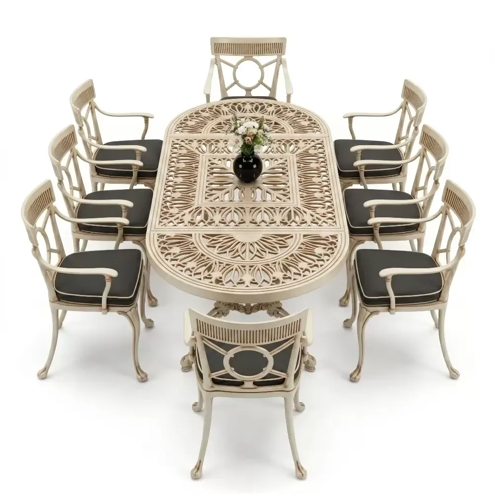 Cm 6 Person Wrought Iron Aluminum Cast Iron Table Chair Set Akbrella World AKB-1020