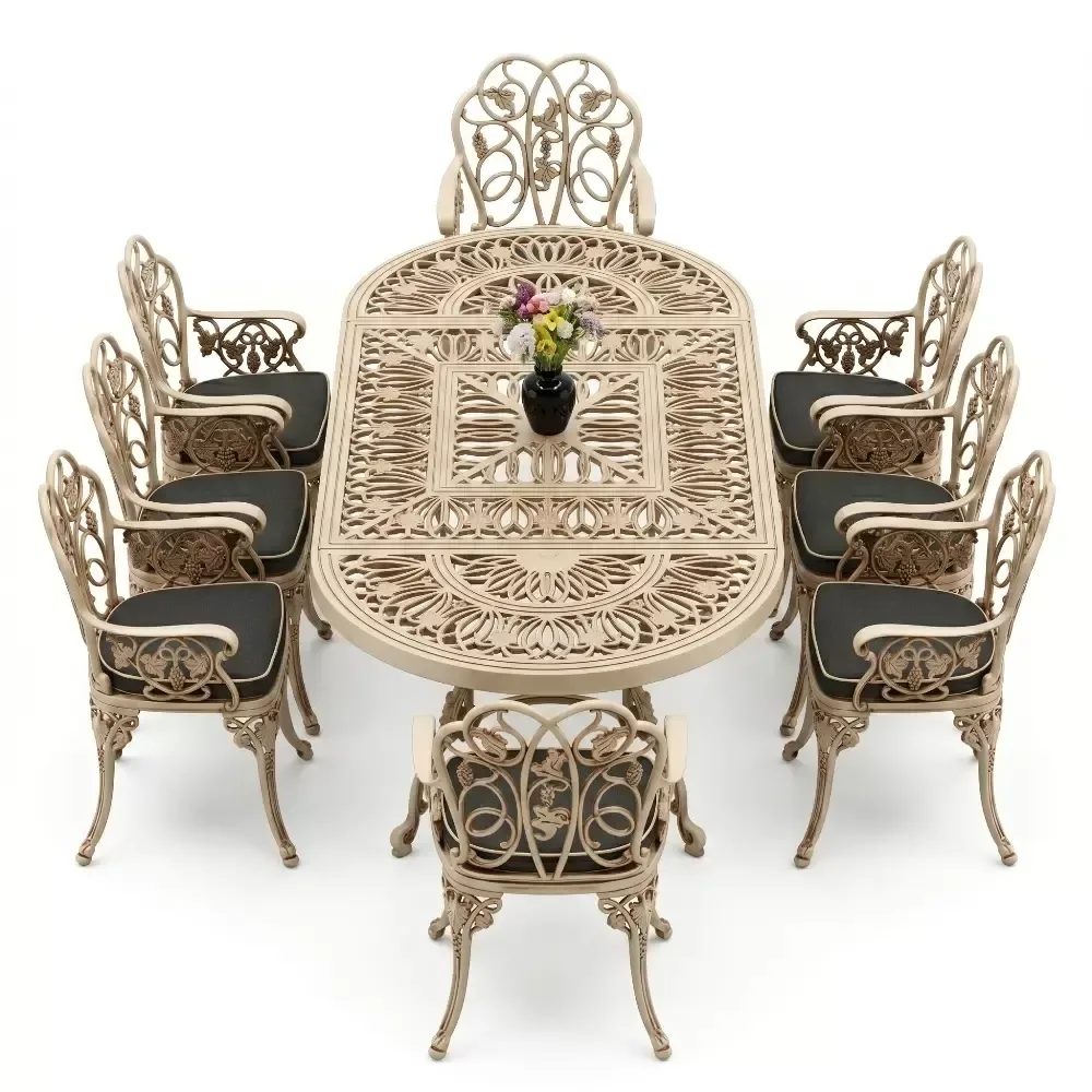 Cm 6 Person Wrought Iron Aluminum Cast Iron Table Chair Set Akbrella World AKB-1024