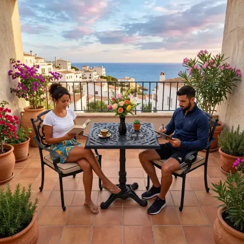 2 Seater Aluminum Die Casting Table Chair Set Akbrella World AKB-848 – Wrought iron square on black balcony