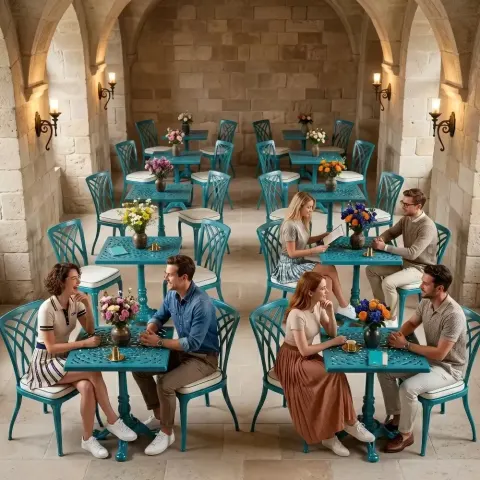 2 Seater Aluminum Die Casting Table Chair Set Akbrella World AKB-845 – Armless wrought iron set in turquoise setting